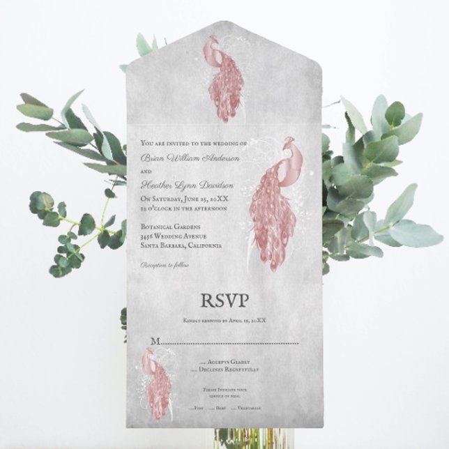 Pink Peacock Wedding All In One Invitation (Pink Peacock All in One Wedding Invite)
