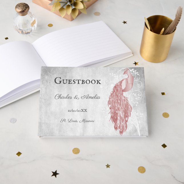 Pink Peacock Wedding Guest Book (Front Open)