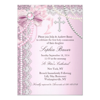 Pink Pearl Bow Cross Holy Communion or Baptism Card