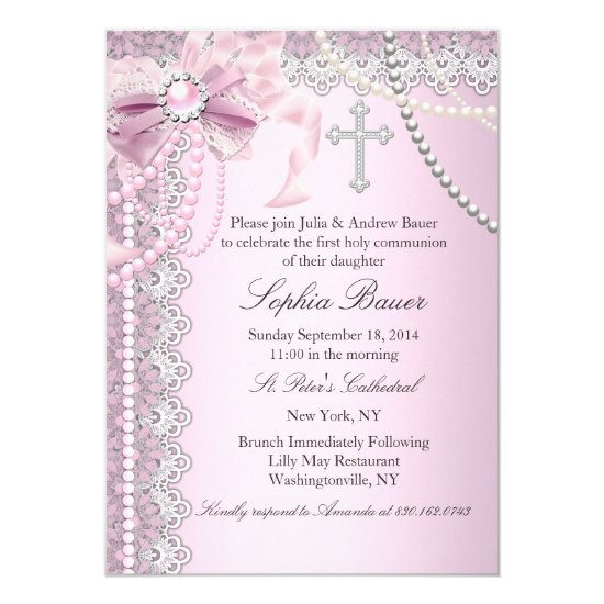 Pink Pearl Bow Cross Holy Communion or Baptism Card