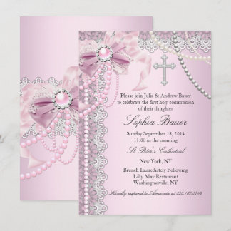Pink Pearl Bow Cross Holy Communion or Baptism Invitation