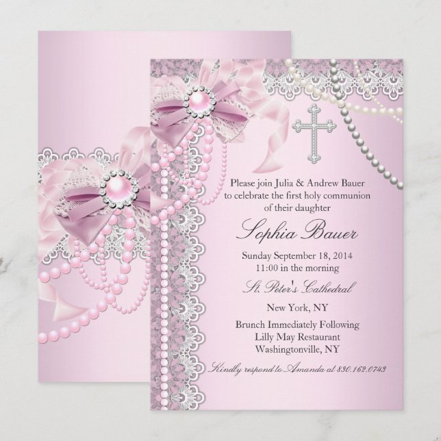 Pink Pearl Bow Cross Holy Communion or Baptism Invitation (Front/Back)