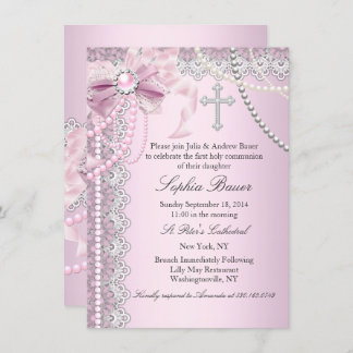 Pink Pearl Bow Cross Holy Communion or Baptism Invitation