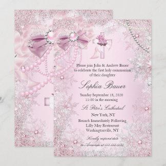 Pink Pearl Bow Cross Holy Communion or Baptism Invitation