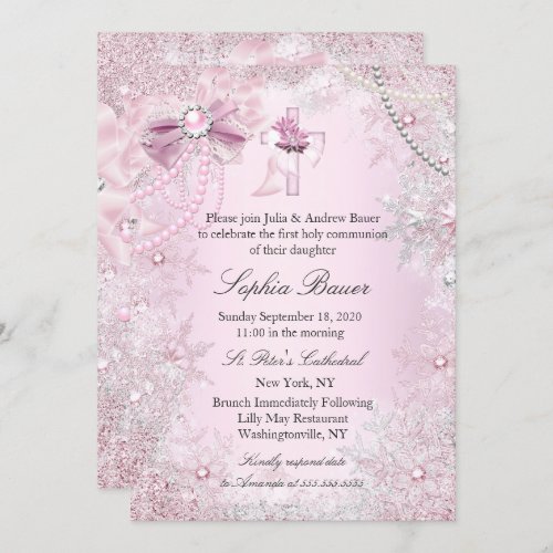 Pink Pearl Bow Cross Holy Communion or Baptism Invitation