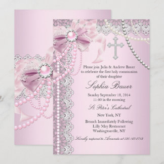 Pink Pearl Bow Cross Holy Communion or Baptism Invitation
