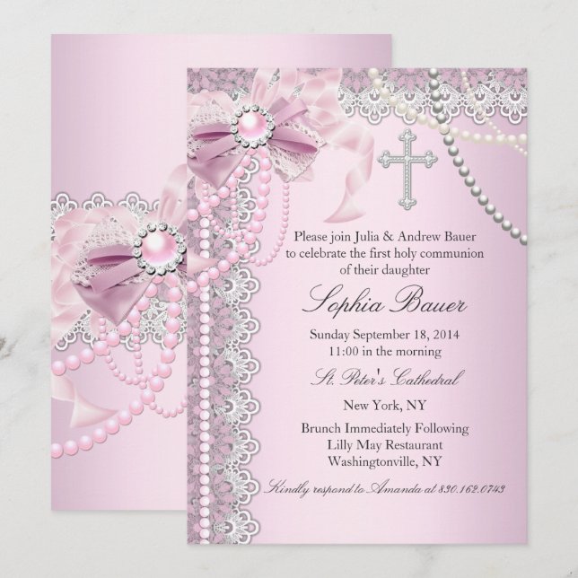 Pink Pearl Bow Cross Holy Communion or Baptism Invitation (Front/Back)