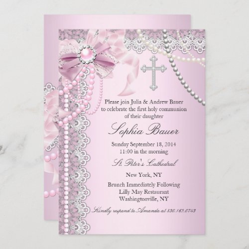 Pink Pearl Bow Cross Holy Communion or Baptism Invitation