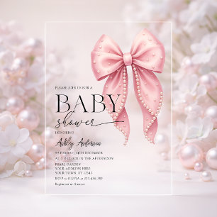 Pink Pearl Bow Girl Baby Shower Acrylic Invitations