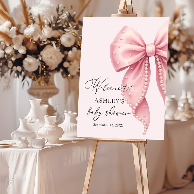 Pink Pearl Bow Girl Baby Shower Welcome  Foam Board (Creator Uploaded)