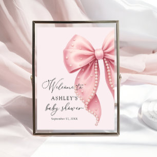 Pink Pearl Bow Girl Baby Shower Welcome  Poster