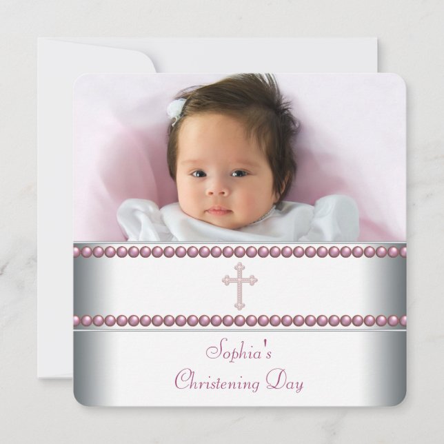 Pink Pearl Christening Invitation (Front)