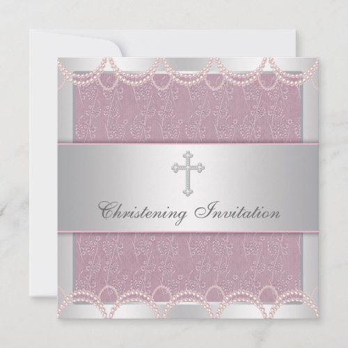 Pink Pearl Cross Baby Girl Baptism Christening Invitation