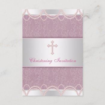 Pink Pearl Cross Baby Girl Baptism Christening Invitation by BabyCentral at Zazzle