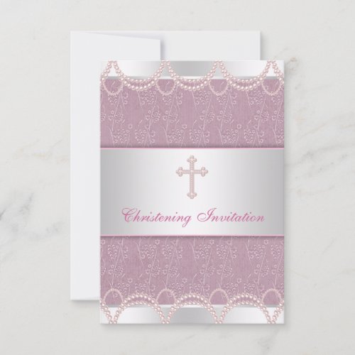 Pink Pearl Cross Baby Girl Baptism Christening Personalized Invites
