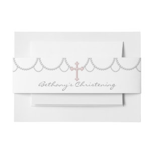 Pink Pearl Cross Christening Invitation Belly Band