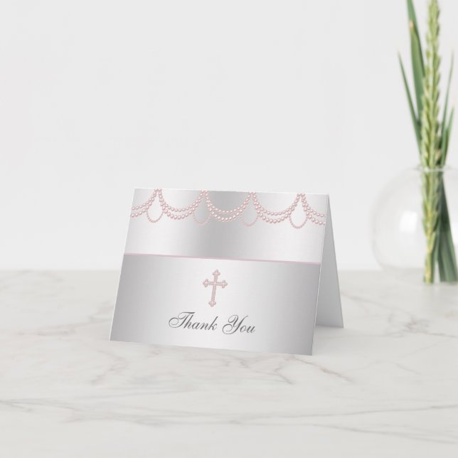 Pink Pearl Cross Girls Cristening Thank You Cards (Front)