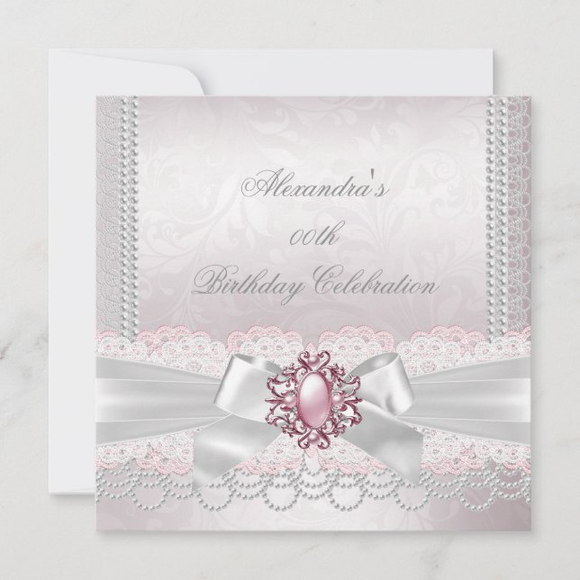 Pink Pearl Lace Damask White Bow Party Invitation (Front)