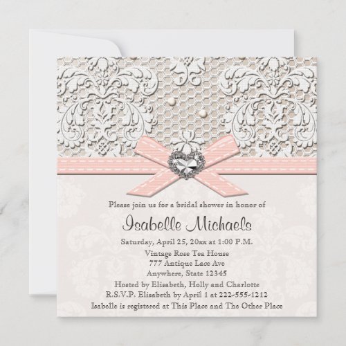 Pink Pearl Lace Diamond Bridal Shower Invitations