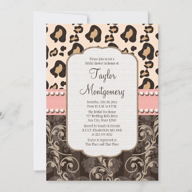 Pink Pearl Leopard Print Bridal Shower Invitations (Front)