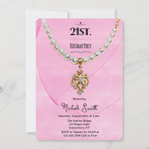 Pink Pearl Necklace 21st. Birthday Party Invitation