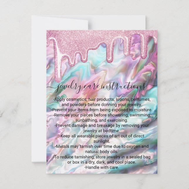 Pink Pearl Opal Glitter Drips Jewelry Care Card (Front)