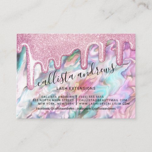 Pink Pearl Opal Glitter Drips Lashes Aftercare Business Card