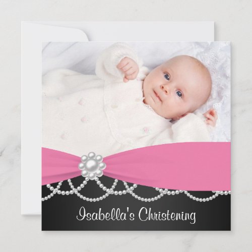Pink Pearl Pink Black Girls Photo Christening Invi Custom Invitation