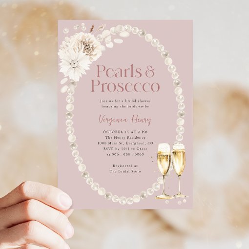 Pink Pearls and Prosecco Bridal Invitation | Zazzle