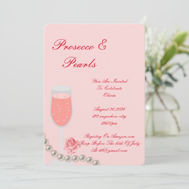 Pink pearls and prosecco bridal shower  invitation (Standing Front)
