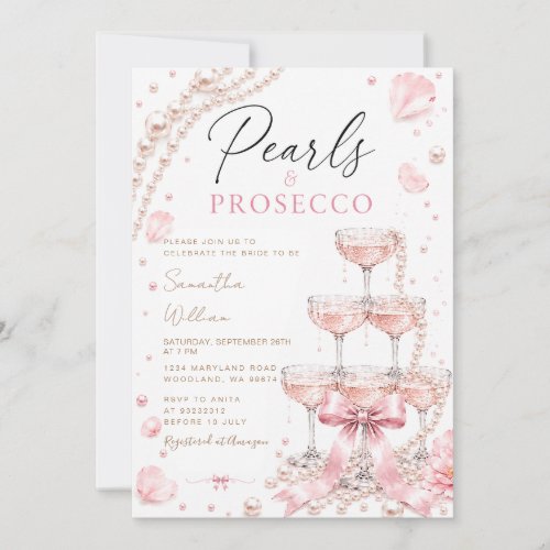 Pink Pearls and Prosecco Champagne Bridal Shower Invitation