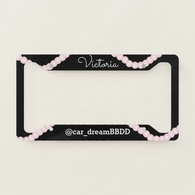Pink Pearls Black Business Name License Plate Frame (Front)
