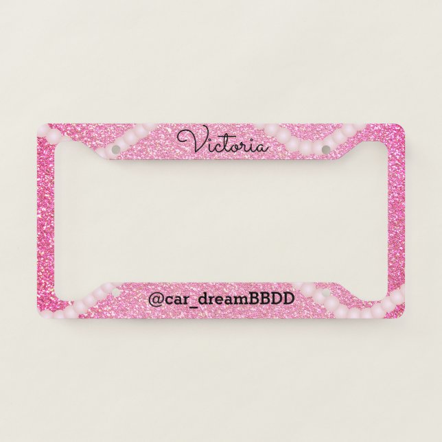 Pink Pearls Faux Glitter Business Name License License Plate Frame (Front)