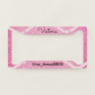 Pink Pearls Faux Glitter Business Name License Plate Frame