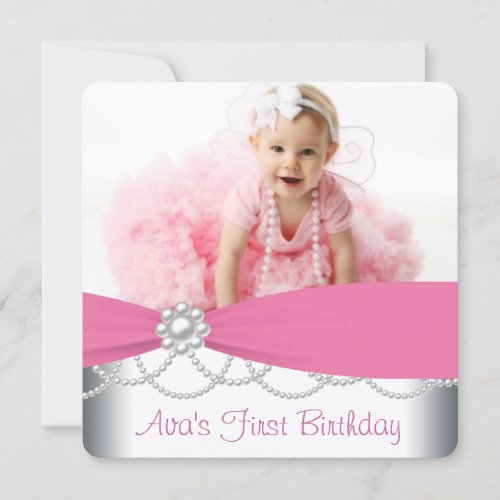Pink Pearls Girls Photo 1st Birthday Party Announcements
