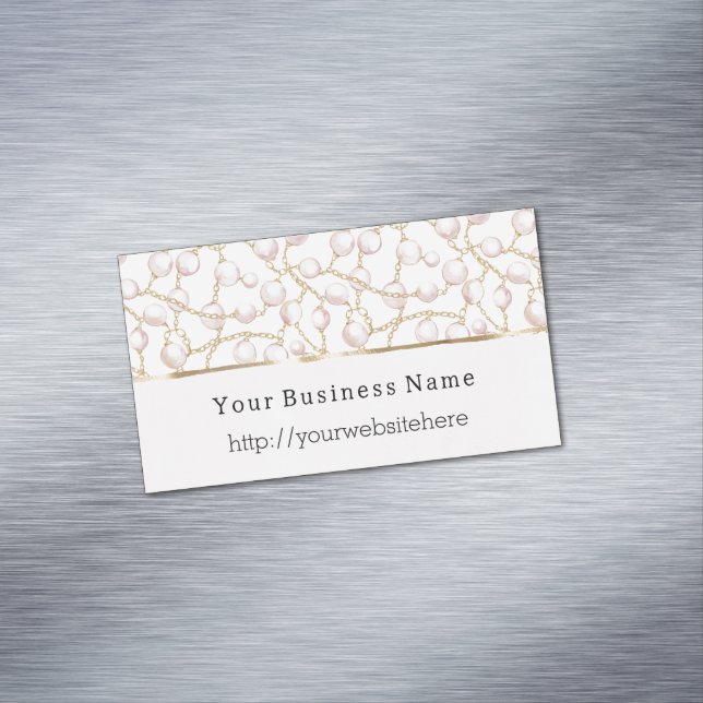 Pink Pearls Gold Chain Business name website Business Card Magnet (In Situ)