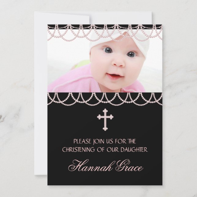 Pink Pearls Pink and Black Christening Invitation (Front)