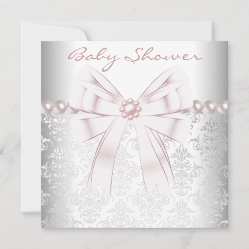 Pink Pearls Pink Damask Baby Girl Shower Invitation