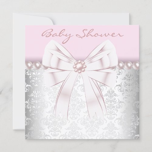 Pink Pearls Pink Damask Baby Shower Invitation