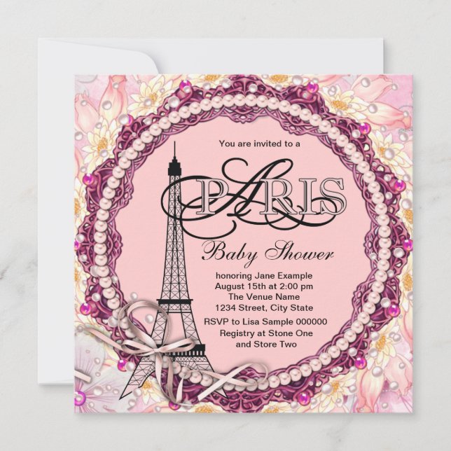 Pink Pearls Pink Paris Baby Shower Invitation (Front)