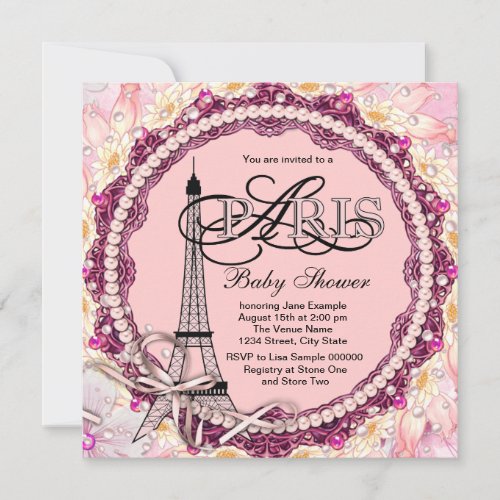 Pink Pearls Pink Paris Baby Shower Invitation