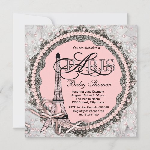 Pink Pearls Pink Paris Baby Shower Invitation