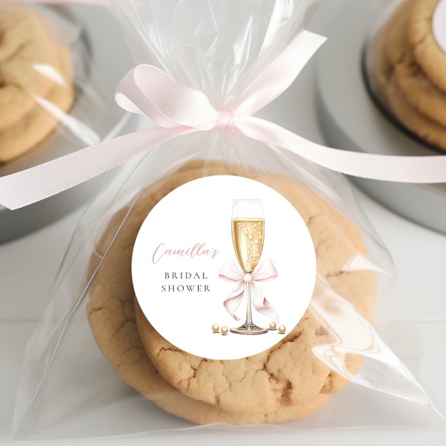 Pink Pearls & Prosecco Bow Bridal Shower Classic Round Sticker (Creator Uploaded)