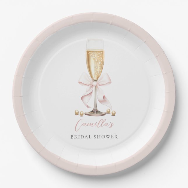 Pink Pearls & Prosecco Bow Bridal Shower Paper Plates (Front)