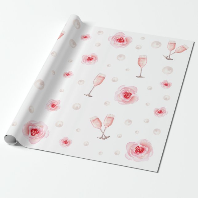 Pink Pearls & Prosecco Bridal Shower Wedding Gift Wrapping Paper (Unrolled)