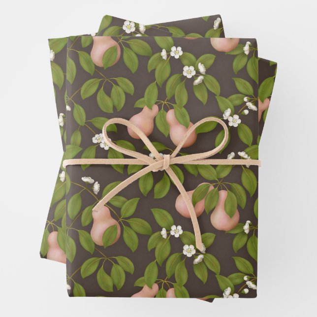 Pink Pears (dark brown) Wrapping Paper Sheets (In situ)