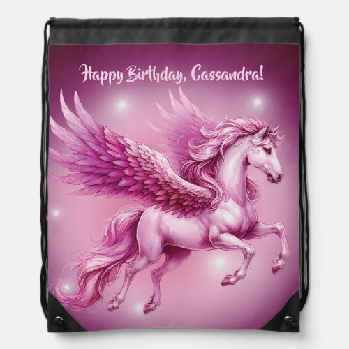 Pink Pegasus Happy Birthday Drawstring Bag
