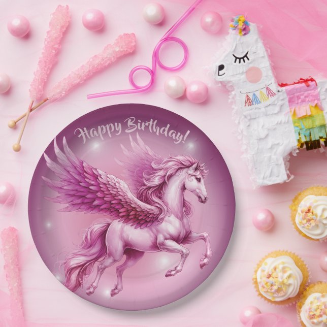 Pink Pegasus "Happy Birthday" Paper Plates (Party)