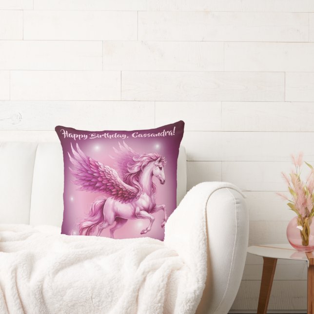 Pink Pegasus "Happy Birthday" Throw Pillow (Couch)