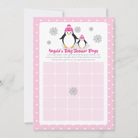 Pink Penguin Baby Shower Bingo Card (Front)